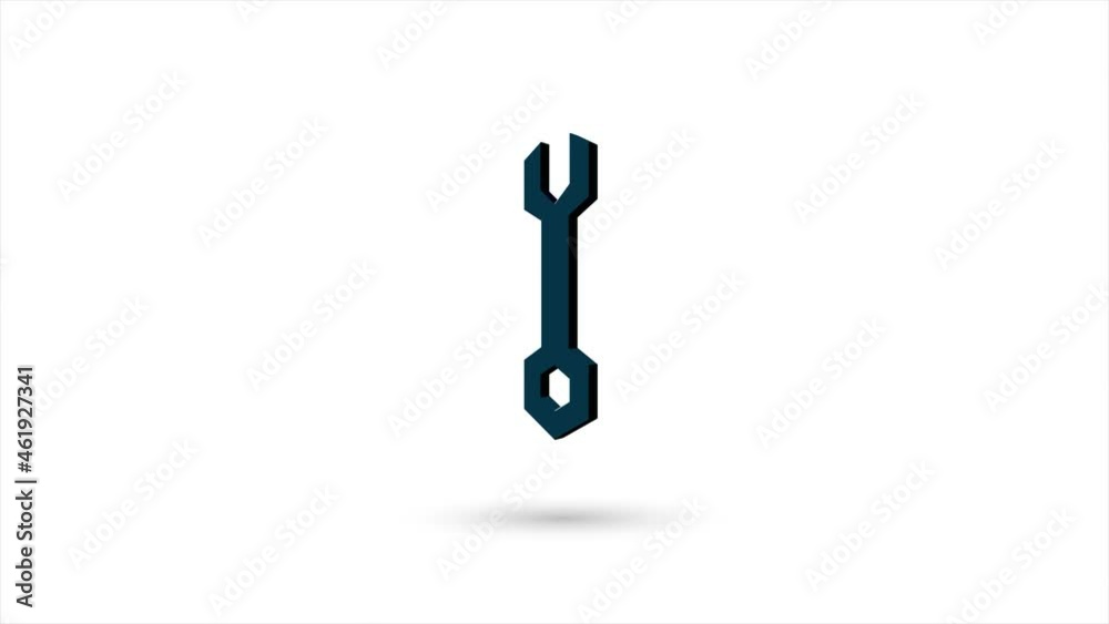 Poster 3d animated flat wrench icon with shadow isolated on white background. Rotating wrench icon. 4K video motion graphic animation.