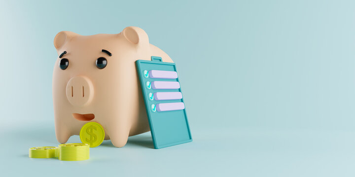 Concepto financiero de un cerdito alcanc&iacute;a con una lista de negocios, monedas para ahorrar, render 3d