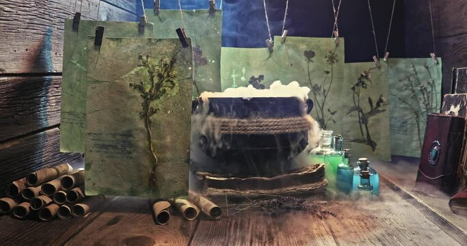 Scrolls and books in herbalist's workshop. Witcher cauldron for Halloween.
