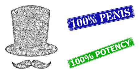 Mesh gentleman mustache image, and 100% Penis blue and green rectangle scratched seal imitations. Mesh wireframe image based on gentleman mustache icon.