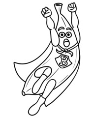 Super banana hero. Fruit character wears cape and flies with arms up, White background. Vector illustration.