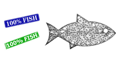 Net fish model, and 100% Fish blue and green rectangle corroded stamp seals. Mesh wireframe illustration based on fish pictogram. Stamp seals have 100% Fish text inside rectangle form.