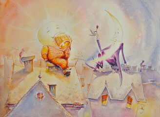 Old friends- Sun and Moon meets on cities roofs. Illustration created with watercolors.