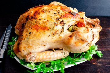 Whole Roasted Turkey on a Platter: Closeup view of a whole turkey on a platter garnished with parsley