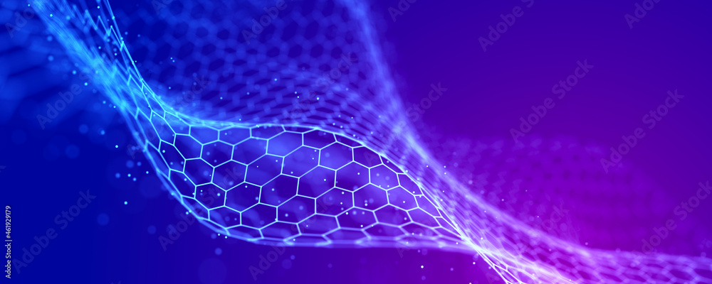 Poster Big data visualization. The musical stream of sounds. Abstract background with interweaving of dots . 3D rendering.