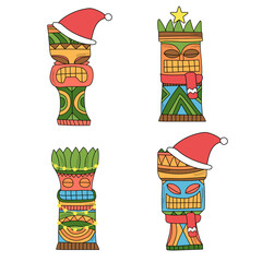 A set of tiki idols in Christmas decor. Colored idols for new year party invitation cards design or advertising