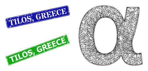 Polygonal Alpha Greek lowercase symbol image, and Tilos, Greece blue and green rectangular scratched badges. Polygonal wireframe image designed with Alpha Greek lowercase symbol icon.