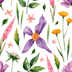 Pattern with flowers in watercolor