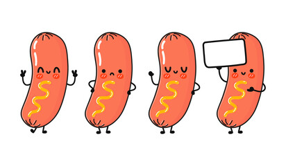 Funny cute happy sausage characters bundle set. Vector hand drawn doodle style cartoon character illustration icon design. Cute sausage mascot character collection
