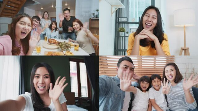 Group of young Asian people on video call remote meeting at home. Family and friends online gathering, internet communication information technology, or coronavirus social distancing lifestyle concept