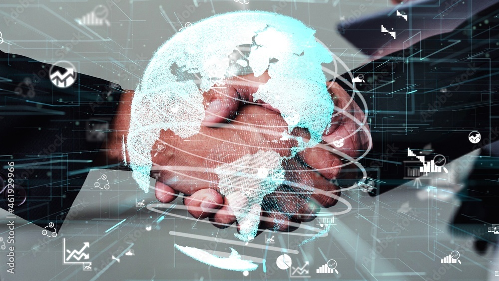 Poster conceptual business handshake with dashboard for financial data analysis . 3d render computer graphi