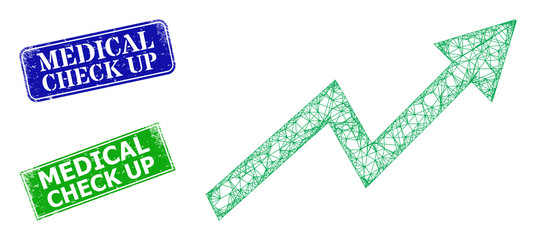 Polygonal up trend arrow image, and Medical Check Up blue and green rectangle corroded stamp seals. Polygonal carcass image is based on up trend arrow pictogram.