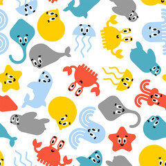 Cute sea animals pattern seamless. Cartoon sea world animal background. Baby fabric texture