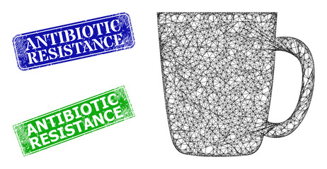 Mesh mug model, and Antibiotic Resistance blue and green rectangular corroded seal imitations. Mesh wireframe symbol designed with mug pictogram.