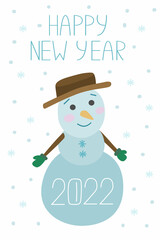 Happy new year 2022. Greeting card with printable snowman. Vector illustration of a cute snowman