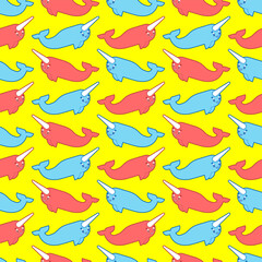 Cute narwhal pattern seamless. Cartoon small Arctic whale with horn background. Baby fabric texture © popaukropa