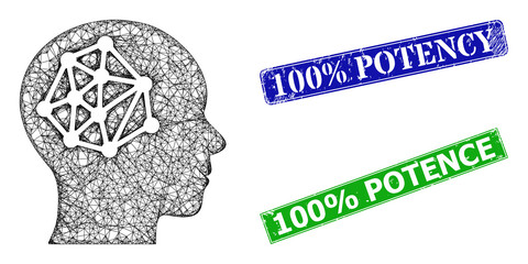 Mesh human barin network image, and 100% Potency blue and green rectangle textured watermarks. Mesh wireframe image based on human barin network icon.