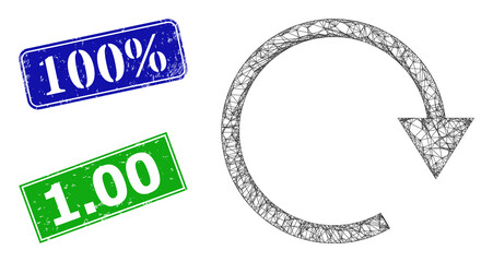 Triangular rotate right image, and 100% blue and green rectangle rubber seals. Polygonal wireframe image is based on rotate right icon. Seals include 100% text inside rectangular form.