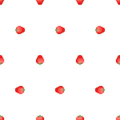 Strawberry pixel art pattern seamless. 8 bit Red Berry pixelated background.