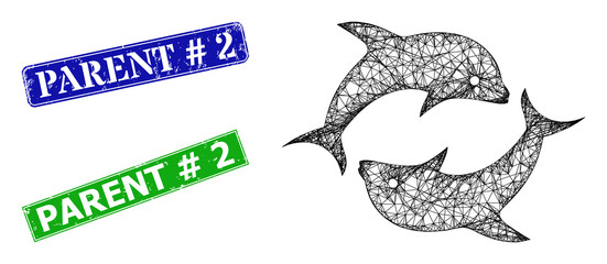 Network dolphin pair model, and Parent # 2 blue and green rectangular grunge stamps. Mesh wireframe illustration based on dolphin pair pictogram.