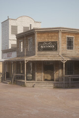 Portrait format 3D rendering of a saloon bar in and old wild west town.