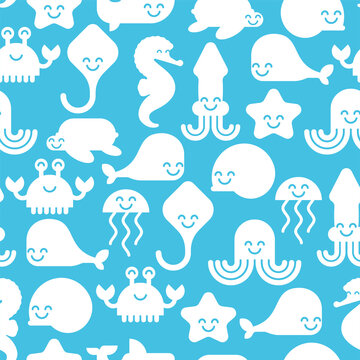 Cute sea animals pattern seamless. Cartoon sea world animal background. Baby fabric texture