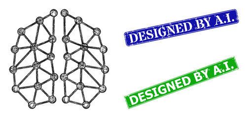 Net artificial intelligence image, and Designed by A.I. blue and green rectangular grunge stamp seals. Polygonal wireframe image based on artificial intelligence pictogram.