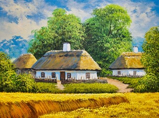 Fototapeta na wymiar Oil paintings rural landscape, old village, landscape in the village. Fine art, old farm house in the countryside