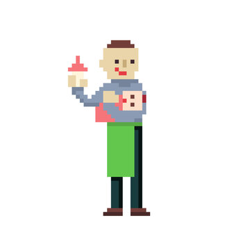 Pixel illustration of a man taking care of a baby