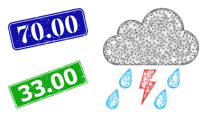 Polygonal thunder storm cloud model, and 70.00 blue and green rectangular corroded seal prints. Polygonal wireframe illustration is designed with thunder storm cloud pictogram. Seals contain 70.