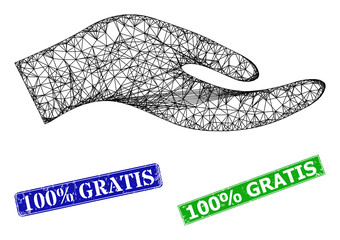 Mesh petition hand image, and 100% Gratis blue and green rectangular rubber stamp seals. Polygonal carcass image is based on petition hand icon. Seals contain 100% Gratis tag inside rectangular frame.