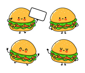 Funny cute happy hamburger characters bundle set.  Vector hand drawn doodle style cartoon character illustration icon design. Cute hamburger mascot character collection