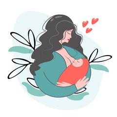 Mother and child against the background of ornamental plants. Mom gently hugs the baby. Woman with a baby. Love, protection and motherhood concept. Flat vector for mothers day, breastfeeding week