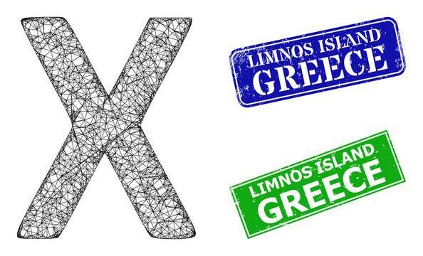Mesh Chi Greek symbol image, and Limnos Island Greece blue and green rectangular textured badges. Polygonal carcass image designed with Chi Greek symbol icon.