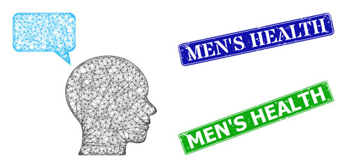 Mesh man mention image, and Men'S Health blue and green rectangle textured seal prints. Mesh carcass image is created from man mention icon. Seals contain Men'S Health text inside rectangle frame.