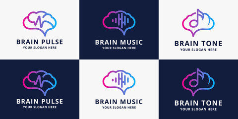 set of brain music pulse logo design