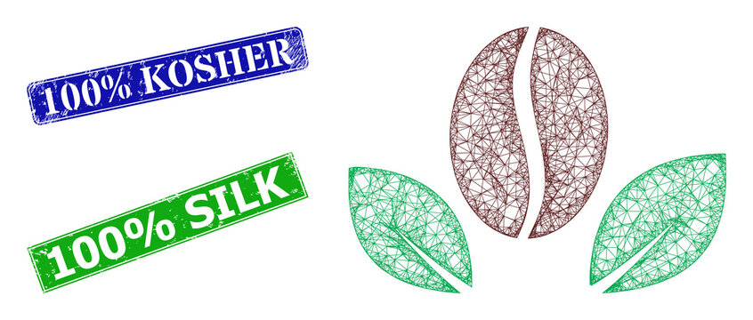 Polygonal natural coffee image, and 100% Kosher blue and green rectangle rubber stamps. Polygonal carcass illustration is designed with natural coffee pictogram.