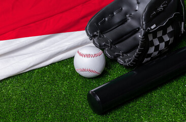 Baseball bat, glove and ball near Monaco flag on green grass background