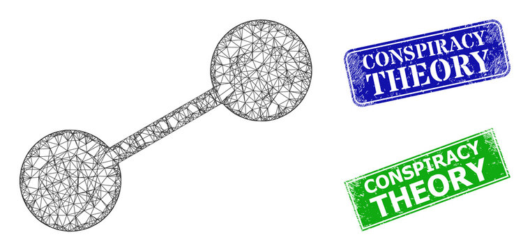 Network Linkage Model, And Conspiracy Theory Blue And Green Rectangular Dirty Seals. Mesh Wireframe Image Based On Linkage Icon. Seals Have Conspiracy Theory Caption Inside Rectangular Form.