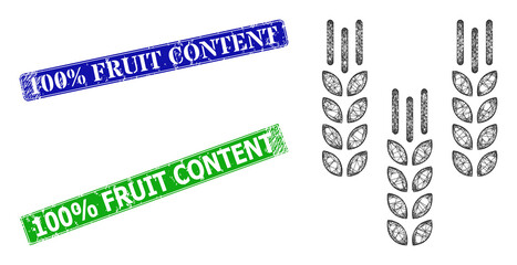 Mesh barley crop image, and 100% Fruit Content blue and green rectangular scratched stamp seals. Polygonal carcass symbol is created from barley crop pictogram.