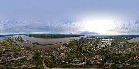 Panorama, Factories, Roads, River, Mountains range, Aerial view