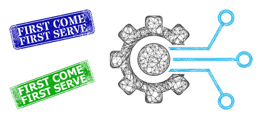 Mesh gear sensor model, and First Come First Serve blue and green rectangular scratched stamp seals. Mesh carcass image is based on gear sensor pictogram.