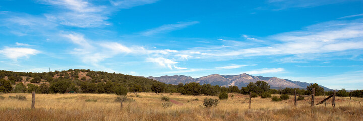 Ultrawide panorama of the Manzano Mountains from Abo Mission at Salinas Pueblo Missions National Monument in New Mexico