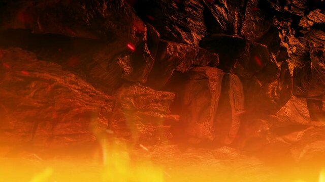 Inside Cave Or Volcano With Fire Raging