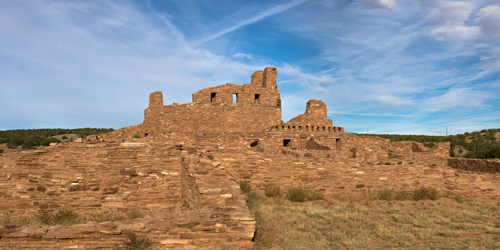 Wide-angle view of the massive Abo church in Salinas Pueblo Missions National Monument in New Mexico