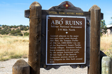 Roadside marker for Abo ruins at Salinas Pueblo Missions National Monument in New Mexico