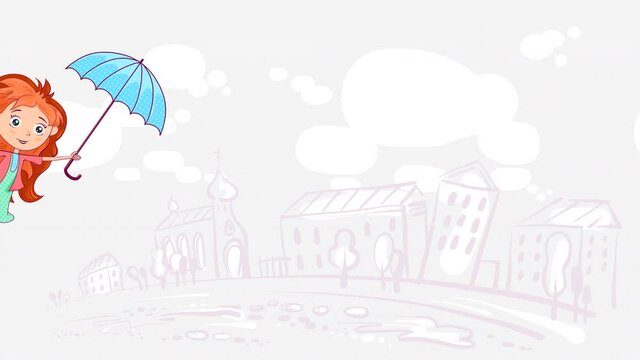 A girl with red hair flies with an umbrella, waving her arms and legs against the backdrop of a cityscape with houses and trees and clouds. Abstract loop animation with a drawn child character.