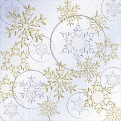 Abstract illustration of  gold and silver snowflakes on a pale blue gradient background