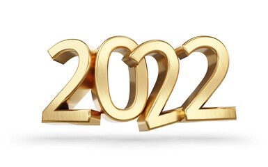 2022 golden symbol bold letters isolated on white with object shadow 3d-illustration