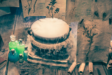 Scary witcher cauldron for Halloween with potions and recipes.